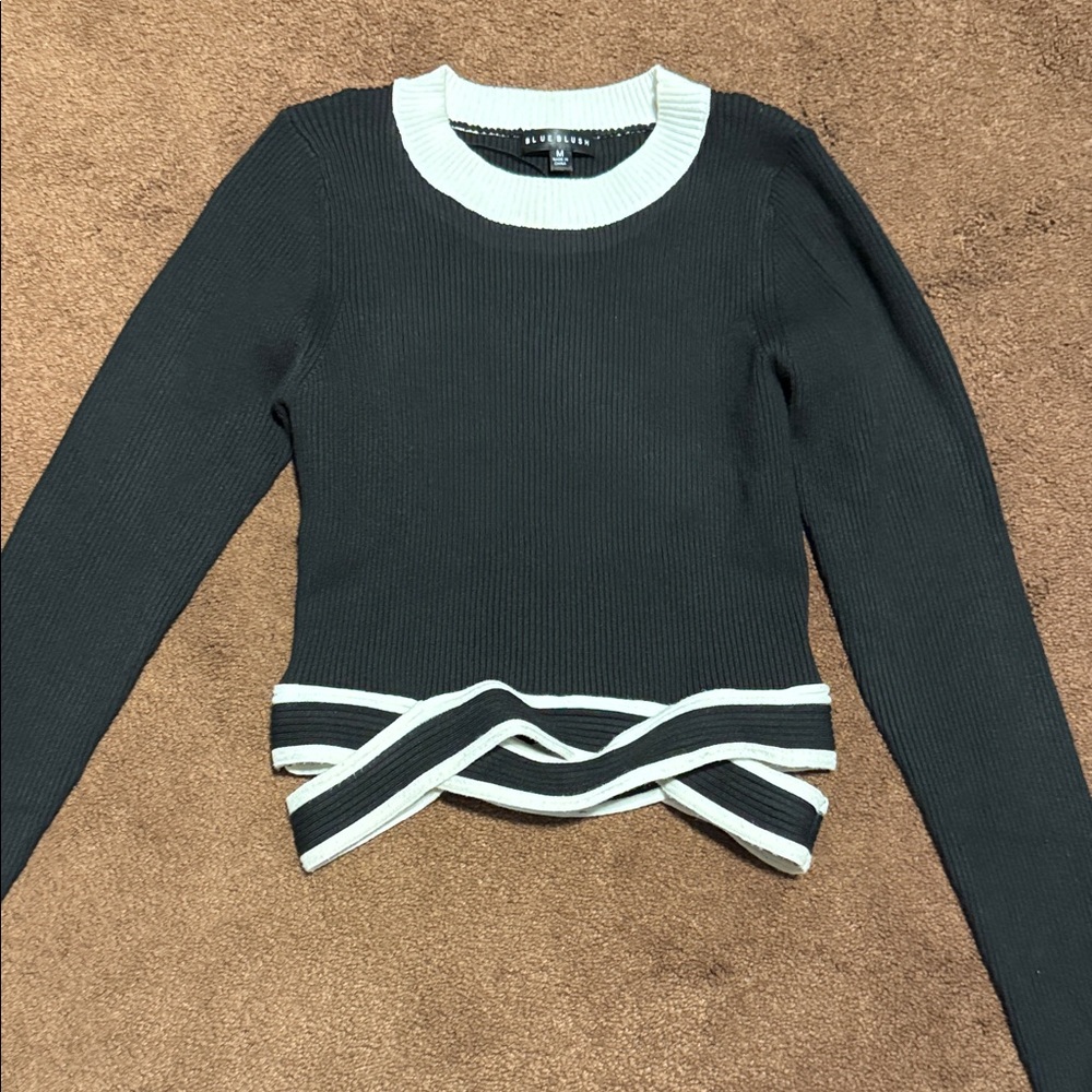 Blue Blush Black & White Ribbed Long Sleeve Sweater